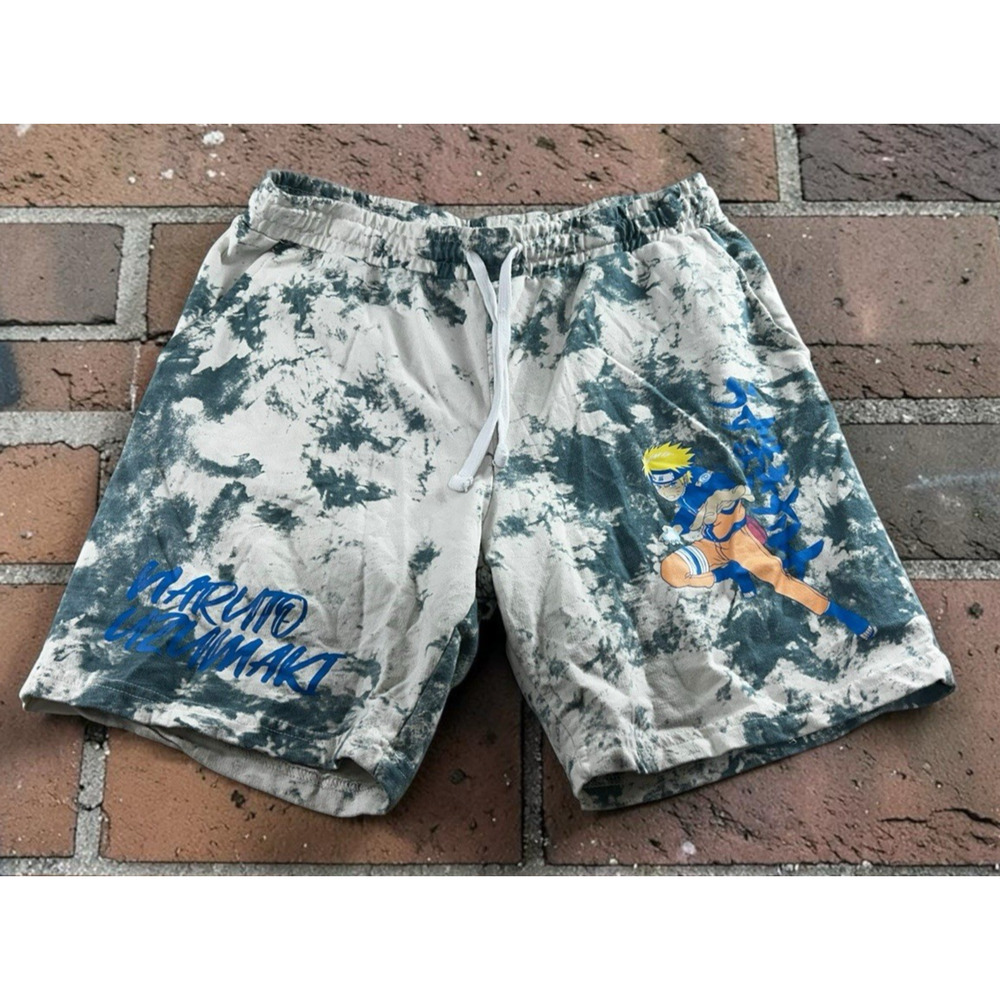 Men's Naruto Sweat Shorts Sz Large 7" Inseam Tie Dye Drawstring Pockets Casual